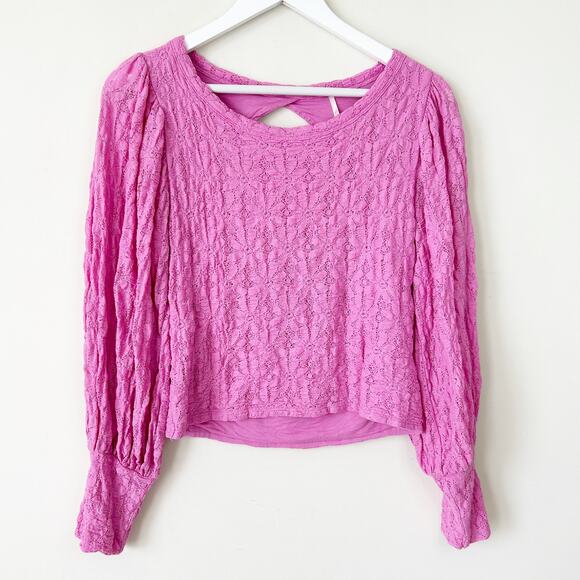 Free People Tea Time Top Pink Lace Size L Keyhole Coquette Plumeria Puff Sleeve - Picture 2 of 6